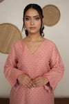Safaa_Peach Shantoon Embroidery V-neck Giselle Moonga Silk Kurta Pant Set _Online_at_Aza_Fashions