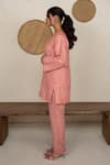 Shop_Safaa_Peach Shantoon Embroidery V-neck Giselle Moonga Silk Kurta Pant Set _Online_at_Aza_Fashions