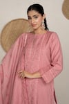 Buy_Safaa_Pink Vegan Silk, Shantoon Embroidery Round Neck Clementine Kurta Pant Set _Online_at_Aza_Fashions