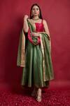 Buy_Vinusto_Olive Green Chanderi Embroidery, Zari, Tassels Round Neck High Low Lehenga Set _at_Aza_Fashions