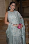 Osaa By Adarsh_Blue Organza Embroidery, Zari Round Neck Geometric Kurta Sharara Set 