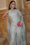 Osaa By Adarsh_Blue Organza Embroidery, Zari Round Neck Geometric Kurta Sharara Set 