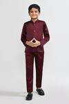 Shop_Petite Pomme_Wine Velvet, Polyester Embroidery Blazer Trouser Waistcoat Set _Online_at_Aza_Fashions