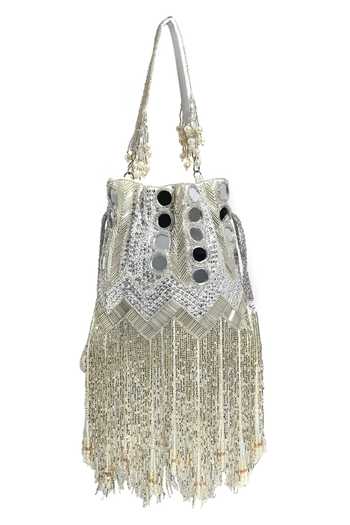Shop_Nazaakat By Samara Singh_Silver Mirrors, Tassels, Embroidery Glamorous Potli Bag _at_Aza_Fashions