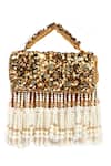 Shop_Nazaakat By Samara Singh_Gold Fabric Flowers, Pearls Suede Clutch Bag _at_Aza_Fashions