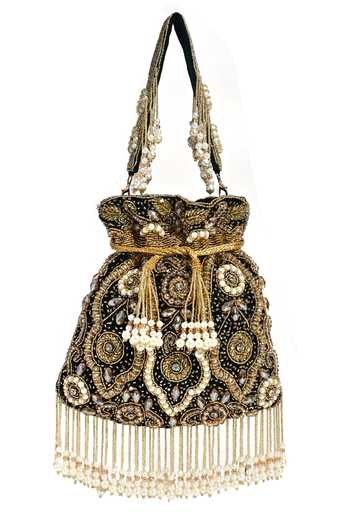 Shop_Nazaakat By Samara Singh_Black Diamonds, Pearls, Zari Handcrafted Potli Bag _at_Aza_Fashions