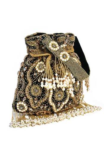 Nazaakat By Samara Singh_Black Diamonds, Pearls, Zari Handcrafted Potli Bag _Online_at_Aza_Fashions