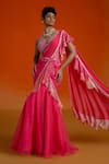 Buy_Shashank Arya_Pink Georgette, Organza Beads, Mirrors, Ombre Jamewar Print Pre-draped Saree Set _Online_at_Aza_Fashions