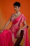 Shashank Arya_Pink Georgette, Organza Beads, Mirrors, Ombre Jamewar Print Pre-draped Saree Set _at_Aza_Fashions