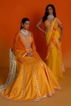 Shashank Arya_Yellow Georgette, Organza Embroidery, Mirrors Round Neck Pre-draped Saree Set _Online_at_Aza_Fashions