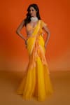 Buy_Shashank Arya_Yellow Georgette, Organza Embroidery, Mirrors Round Neck Pre-draped Saree Set _at_Aza_Fashions