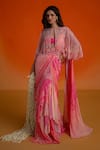 Buy_Shashank Arya_Pink Georgette, Modal, Satin Crystals, Pearls Floral Ombre Pre-draped Saree Set _at_Aza_Fashions