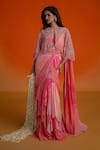 Shashank Arya_Pink Georgette, Modal, Satin Crystals, Pearls Floral Ombre Pre-draped Saree Set _Online_at_Aza_Fashions