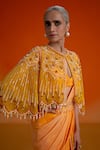 Shashank Arya_Orange Georgette, Modal Crystals, Pearls Round Floral Print Pre-draped Saree Set _Online_at_Aza_Fashions