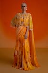 Buy_Shashank Arya_Orange Georgette, Modal Crystals, Pearls Round Floral Print Pre-draped Saree Set _at_Aza_Fashions