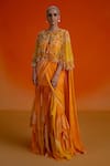 Buy_Shashank Arya_Orange Georgette, Modal Crystals, Pearls Round Floral Print Pre-draped Saree Set _Online_at_Aza_Fashions