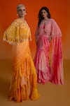 Shop_Shashank Arya_Orange Georgette, Modal Crystals, Pearls Round Floral Print Pre-draped Saree Set _Online_at_Aza_Fashions