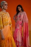 Shashank Arya_Orange Georgette, Modal Crystals, Pearls Round Floral Print Pre-draped Saree Set _at_Aza_Fashions
