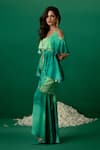Shashank Arya_Green Modal, Satin, Crepe Crystals, Pearls V-neck Block Print Skirt And Kurti Set _Online_at_Aza_Fashions