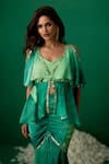 Shashank Arya_Green Modal, Satin, Crepe Crystals, Pearls V-neck Block Print Skirt And Kurti Set _at_Aza_Fashions