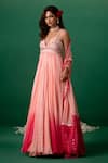 Shashank Arya_Pink Georgette, Chiffon Crystals, Pearls, Beads V-neck Embellished Anarkali Set _Online_at_Aza_Fashions