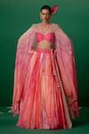 Buy_Shashank Arya_Pink Georgette, Modal, Satin Crystals, Pearls Ombre Floral Lehenga Set With Cape _at_Aza_Fashions