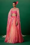 Buy_Shashank Arya_Pink Georgette, Modal, Satin Crystals, Pearls Ombre Floral Lehenga Set With Cape _Online_at_Aza_Fashions