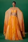 Buy_Shashank Arya_Orange Georgette, Modal, Satin Crystals, Block Print Lehenga Set With Cape _at_Aza_Fashions