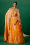 Shop_Shashank Arya_Orange Georgette, Modal, Satin Crystals, Block Print Lehenga Set With Cape _at_Aza_Fashions