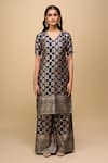 Buy_Samyukta Singhania_Navy Brocade, Net V-neck Woven Kurta Palazzo Suit Set _Online_at_Aza_Fashions