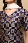 Shop_Samyukta Singhania_Navy Brocade, Net V-neck Woven Kurta Palazzo Suit Set 