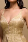Samyukta Singhania_Yellow Brocade, Tissue Embroidery V-neck Lemon Top And Pant Set _Online_at_Aza_Fashions
