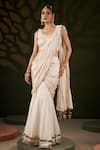Buy_Muskann Kapadiaa_Ivory Silk, Chiffon Gota Patti Round Neck Pre-draped Saree Set _at_Aza_Fashions
