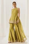 Buy_Muskann Kapadiaa_Olive Green Silk, Organza Gota Patti Round Neck Kurta Sharara Set _at_Aza_Fashions