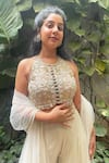 Shop_Aaryaa By Kashveen Kohli_Ivory Chiffon, Net Embroidery Halter Neck Hand Blouse And Palazzo Set _at_Aza_Fashions