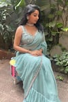 Shop_Aaryaa By Kashveen Kohli_Sky Blue Embroidery Plunge Neck Hand Saree Set _at_Aza_Fashions