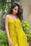 Buy_Aaryaa By Kashveen Kohli_Lime Muslin Round Neck Green Slub Kurta And Pant Set _Online_at_Aza_Fashions