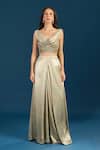 Tarun Tahiliani_Gold Beads Cowl Neck Jade Bustier Trouser Set _at_Aza_Fashions