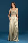 Buy_Tarun Tahiliani_Gold Beads Cowl Neck Jade Bustier Trouser Set _at_Aza_Fashions