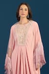 Tarun Tahiliani_Pink Embroidery, Sequins Round Neck Powder Blue Trouser Kurta Scarf _Online_at_Aza_Fashions