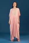 Buy_Tarun Tahiliani_Pink Embroidery, Sequins Round Neck Powder Blue Trouser Kurta Scarf _Online_at_Aza_Fashions