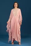 Shop_Tarun Tahiliani_Pink Embroidery, Sequins Round Neck Powder Blue Trouser Kurta Scarf _Online_at_Aza_Fashions