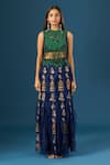 Shop_Anamika Khanna_Blue Embroidery Round , High Indigo Fringe Skirt Set 