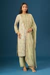 Shop_Anamika Khanna_Green Embroidery Round Neck Teal Kurta Set _Online_at_Aza_Fashions