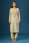 Anamika Khanna_Green Embroidery Round Neck Teal Kurta Set _at_Aza_Fashions