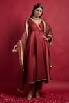 Buy_Vinusto_Maroon Chanderi Tassels, Lace V-neck Flared Anarkali Set _at_Aza_Fashions