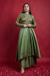 Buy_Vinusto_Olive Green Chanderi, Silk Embroidery, Lace, Zari Halter Layered Anarkali Set _at_Aza_Fashions