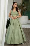 Buy_Safaa_Green Vegan Silk V-neck Ivy Sage Lehenga Set _at_Aza_Fashions