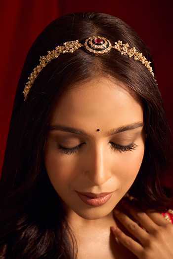Shop_Nazaakat By Samara Singh_Pink Kundan Work Ruby And Green Mathapatti _Online_at_Aza_Fashions