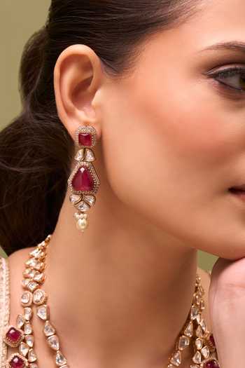 Nazaakat By Samara Singh_Pink Kundan Rani Necklace And Earring Set _at_Aza_Fashions